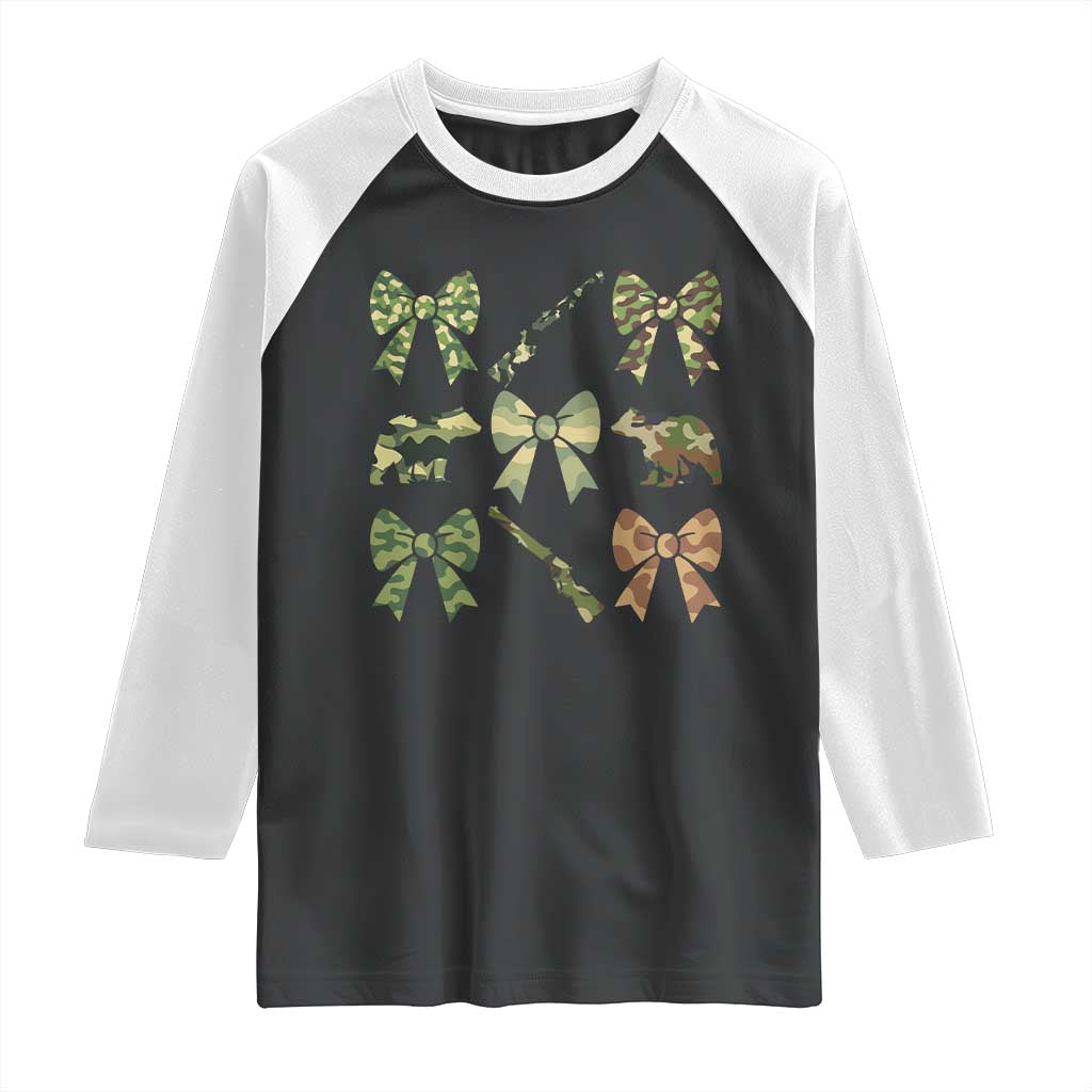 Women Bear Hunting Season Raglan Shirt Camo Bow Coquette Gift - Wonder Print Shop