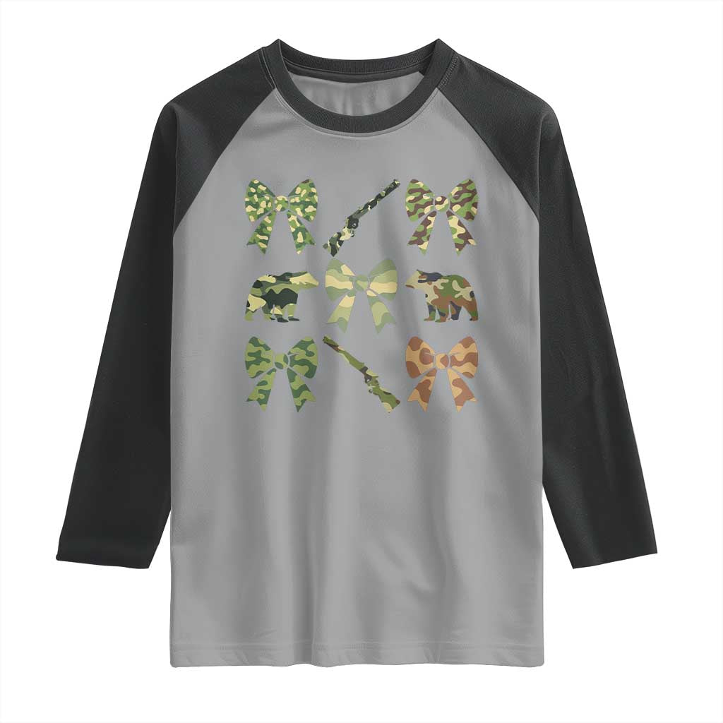 Women Bear Hunting Season Raglan Shirt Camo Bow Coquette Gift - Wonder Print Shop