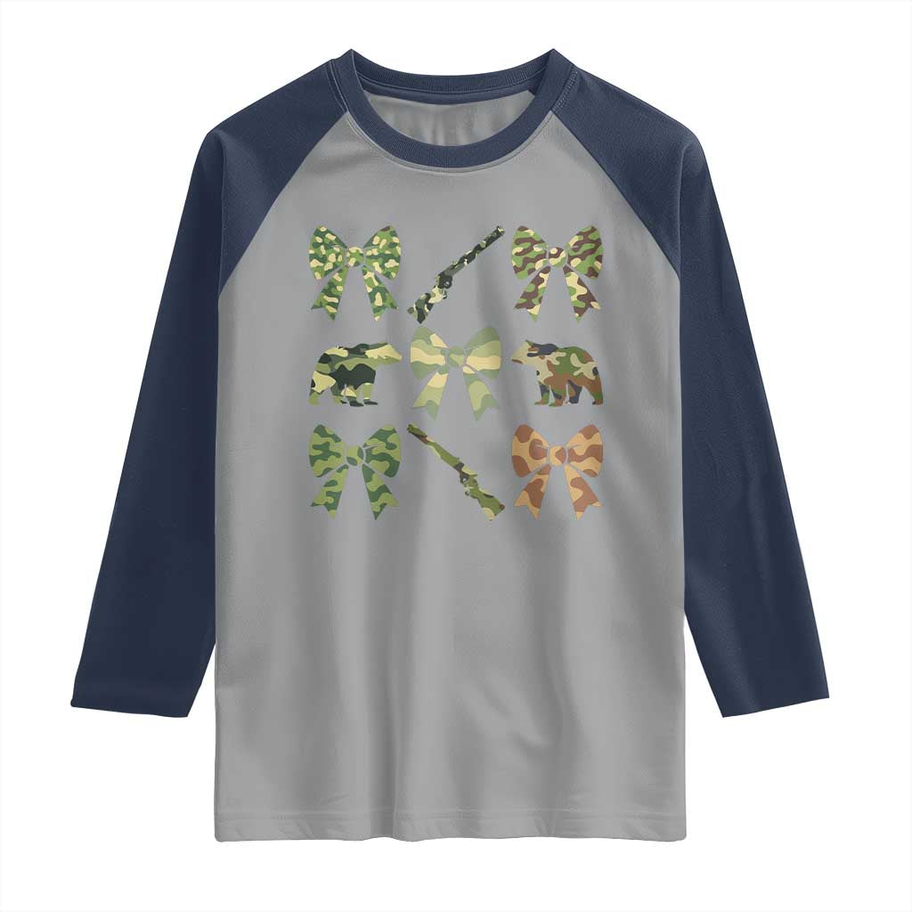 Women Bear Hunting Season Raglan Shirt Camo Bow Coquette Gift - Wonder Print Shop