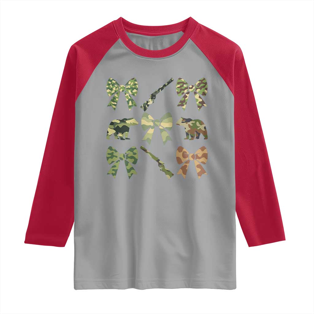 Women Bear Hunting Season Raglan Shirt Camo Bow Coquette Gift - Wonder Print Shop