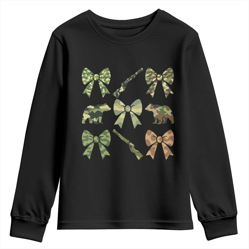 Women Bear Hunting Season Youth Sweatshirt Camo Bow Coquette Gift - Wonder Print Shop