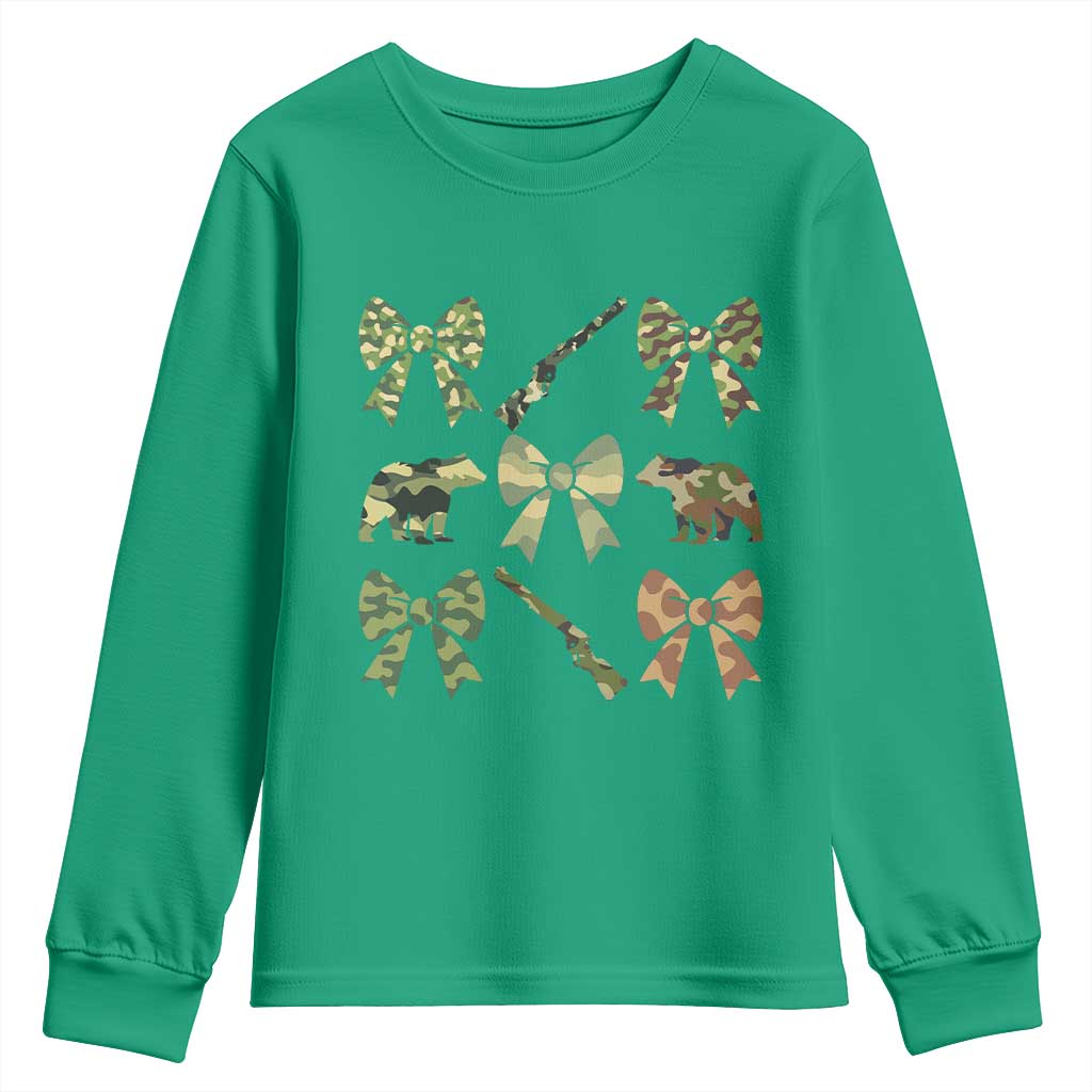 Women Bear Hunting Season Youth Sweatshirt Camo Bow Coquette Gift - Wonder Print Shop