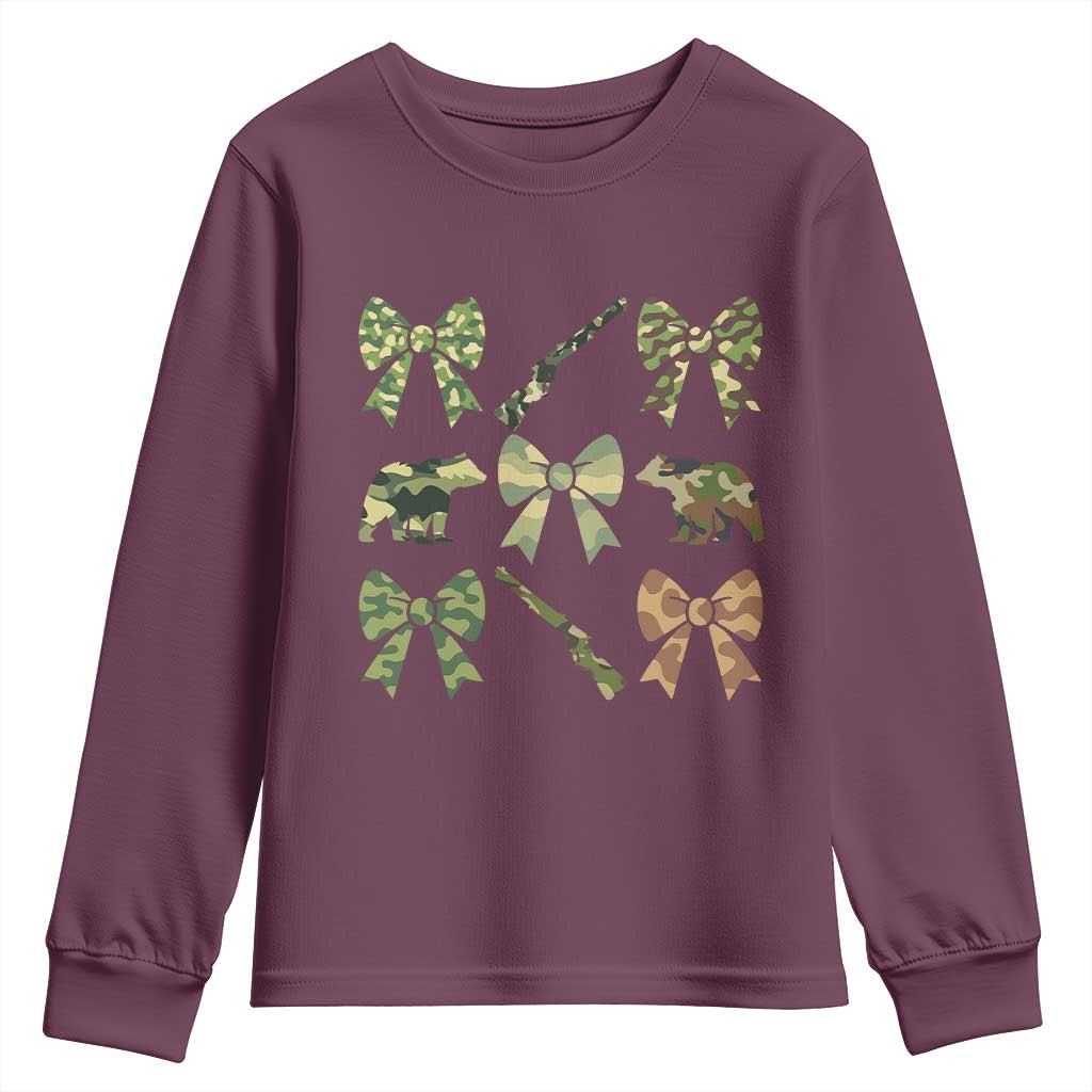 Women Bear Hunting Season Youth Sweatshirt Camo Bow Coquette Gift - Wonder Print Shop