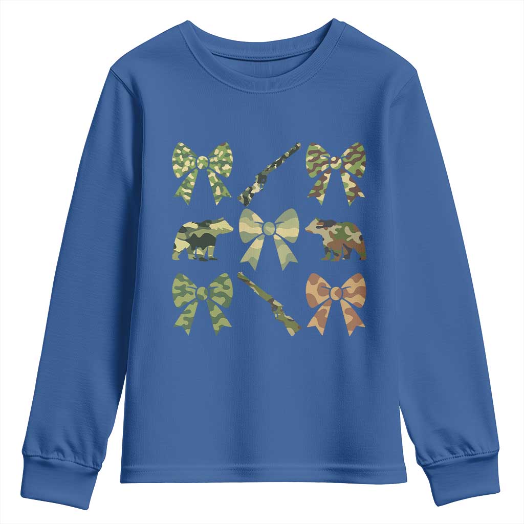 Women Bear Hunting Season Youth Sweatshirt Camo Bow Coquette Gift - Wonder Print Shop