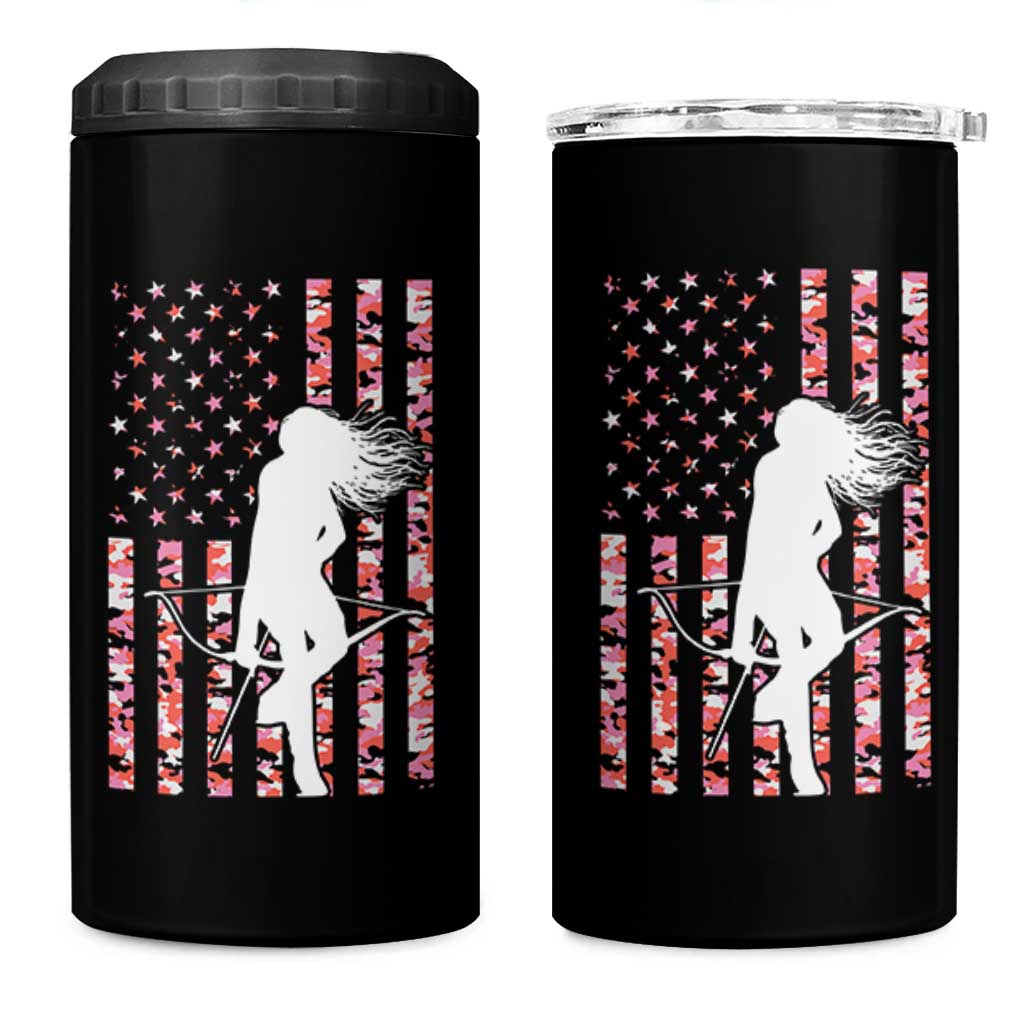Patriotic Women Bow Hunter 4 in 1 Can Cooler Tumbler American Flag Pink Camo Gift - Wonder Print Shop