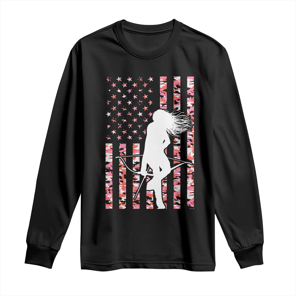 Patriotic Women Bow Hunter Long Sleeve Shirt American Flag Pink Camo Gift - Wonder Print Shop