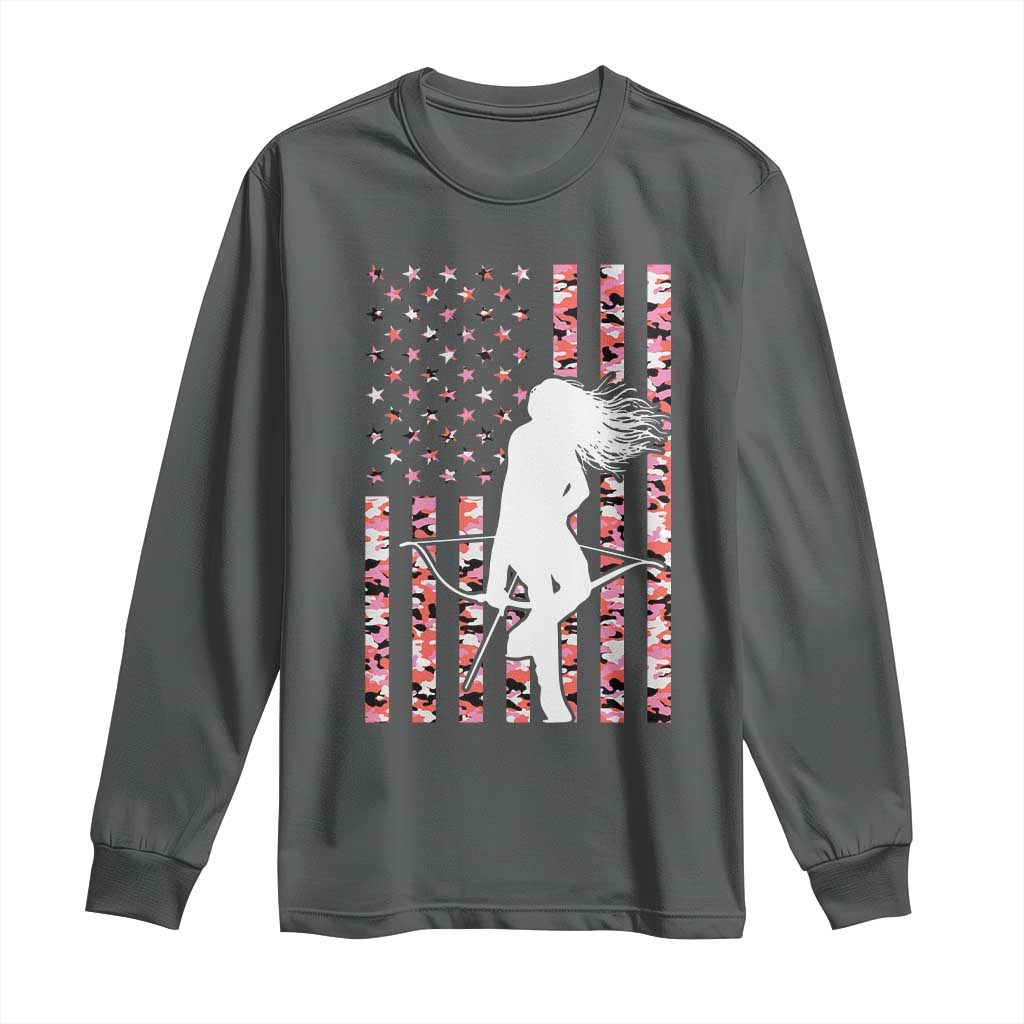 Patriotic Women Bow Hunter Long Sleeve Shirt American Flag Pink Camo Gift - Wonder Print Shop