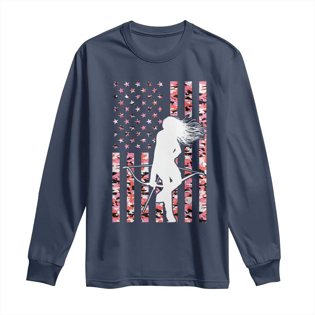 Patriotic Women Bow Hunter Long Sleeve Shirt American Flag Pink Camo Gift - Wonder Print Shop