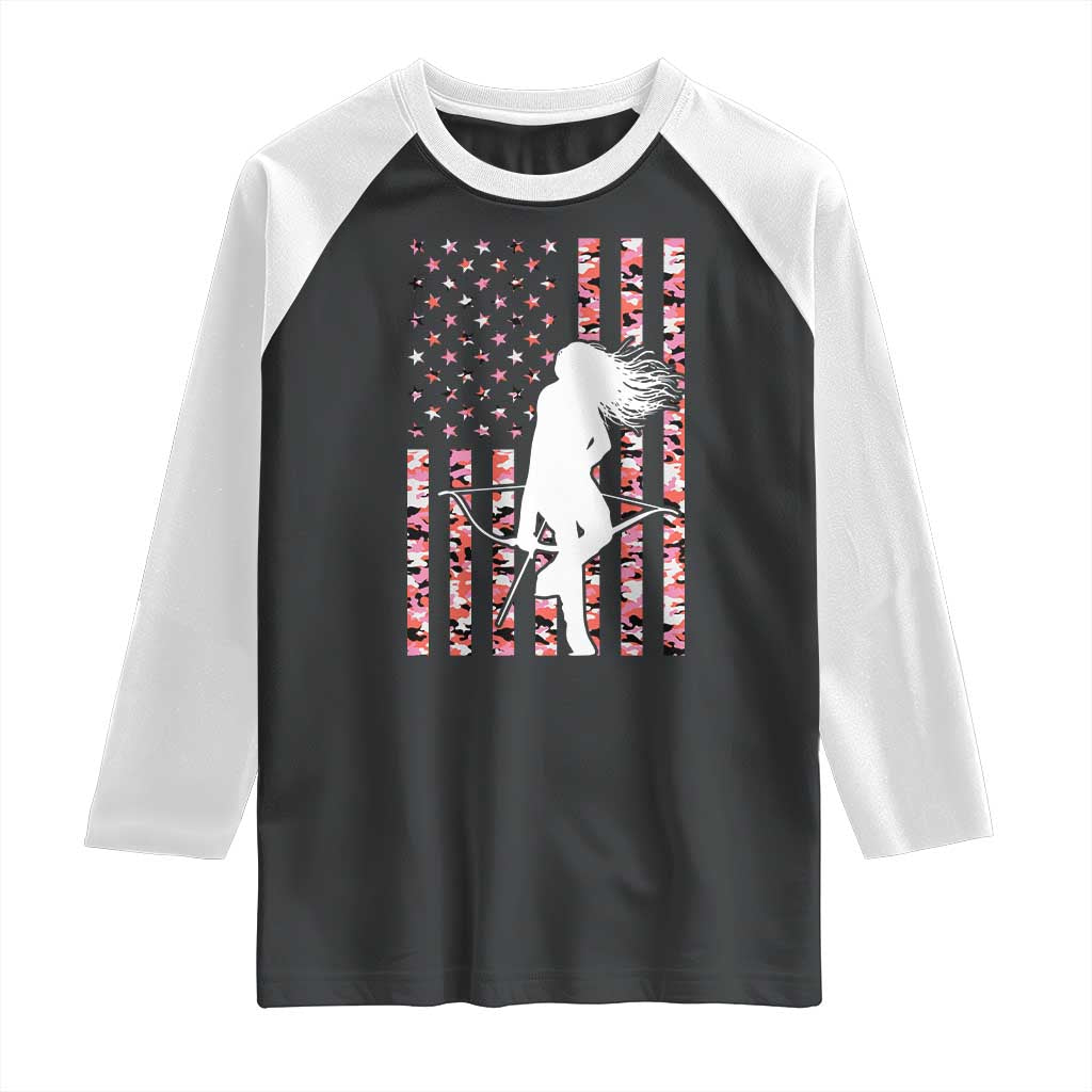 Patriotic Women Bow Hunter Raglan Shirt American Flag Pink Camo Gift - Wonder Print Shop