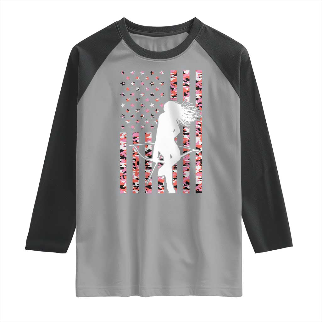 Patriotic Women Bow Hunter Raglan Shirt American Flag Pink Camo Gift - Wonder Print Shop