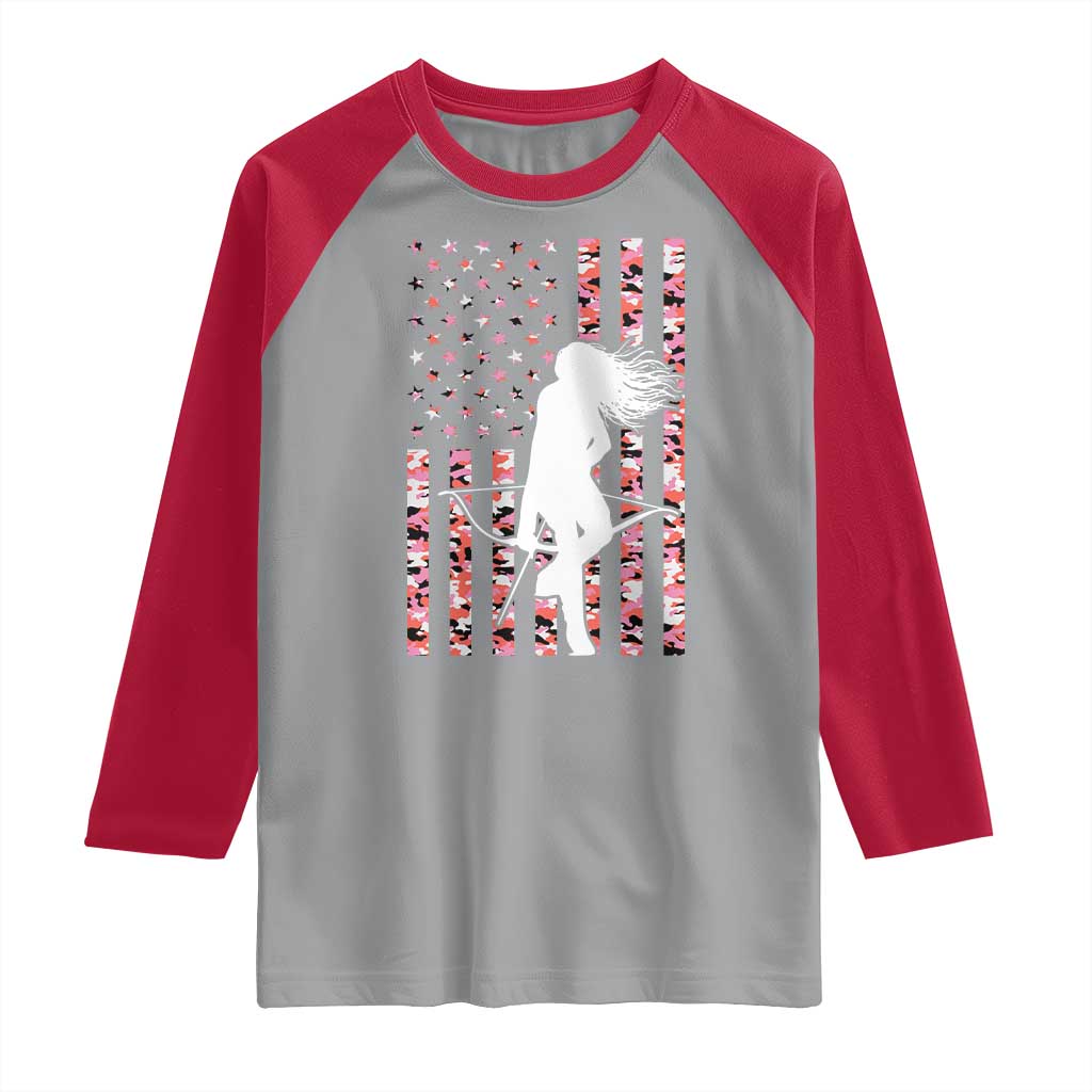 Patriotic Women Bow Hunter Raglan Shirt American Flag Pink Camo Gift - Wonder Print Shop