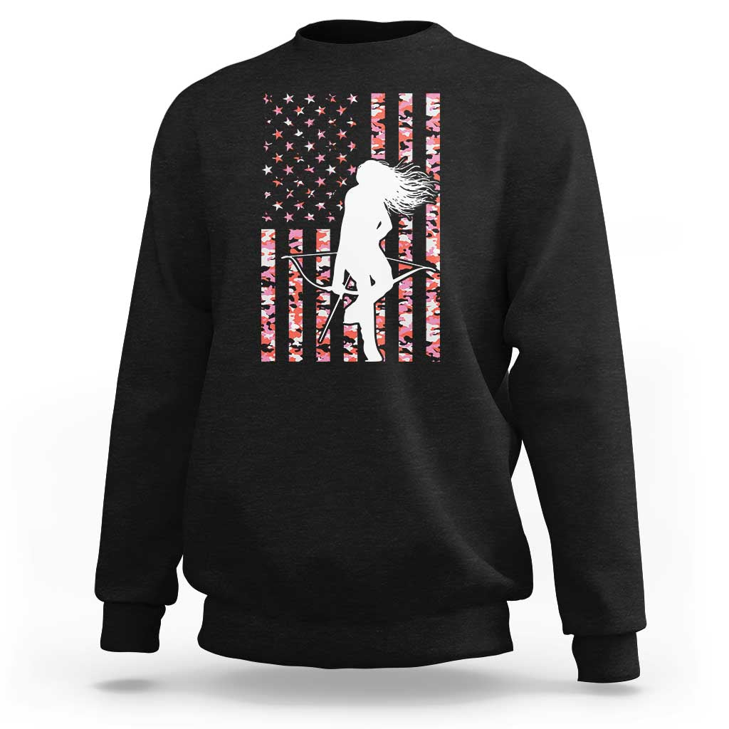 Patriotic Women Bow Hunter Sweatshirt American Flag Pink Camo Gift - Wonder Print Shop