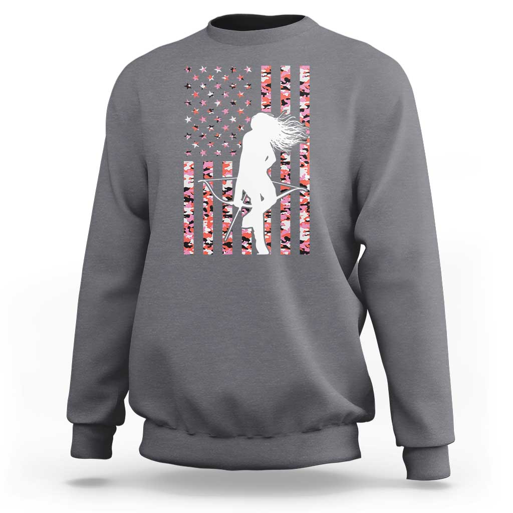 Patriotic Women Bow Hunter Sweatshirt American Flag Pink Camo Gift - Wonder Print Shop