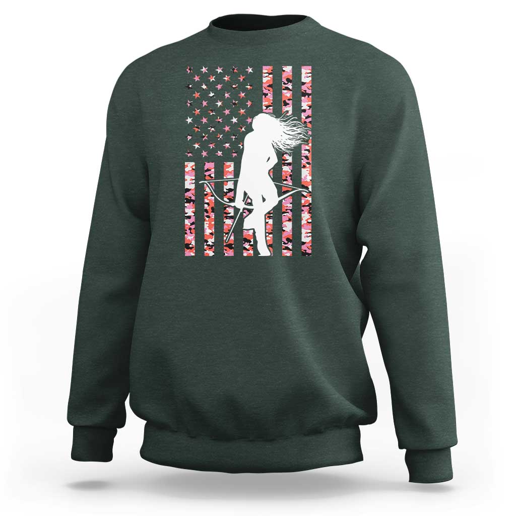 Patriotic Women Bow Hunter Sweatshirt American Flag Pink Camo Gift - Wonder Print Shop