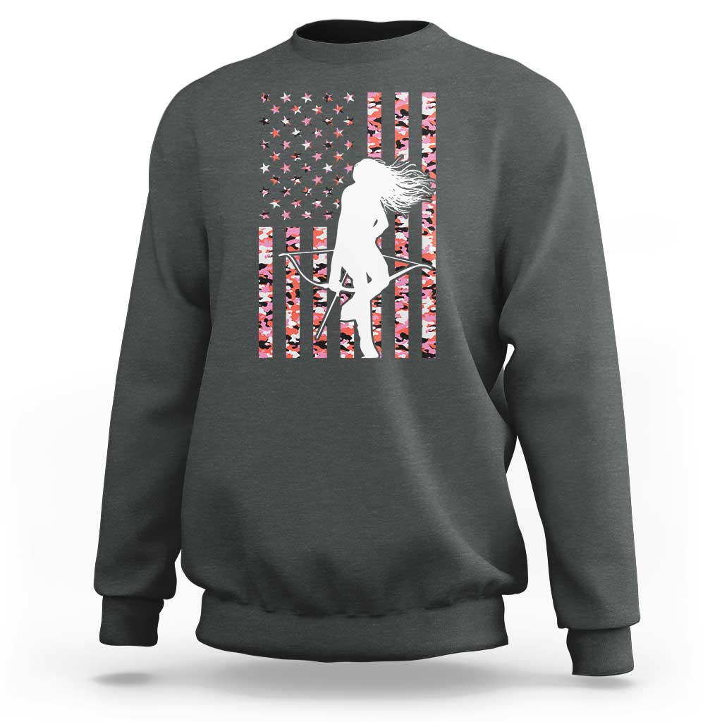 Patriotic Women Bow Hunter Sweatshirt American Flag Pink Camo Gift - Wonder Print Shop