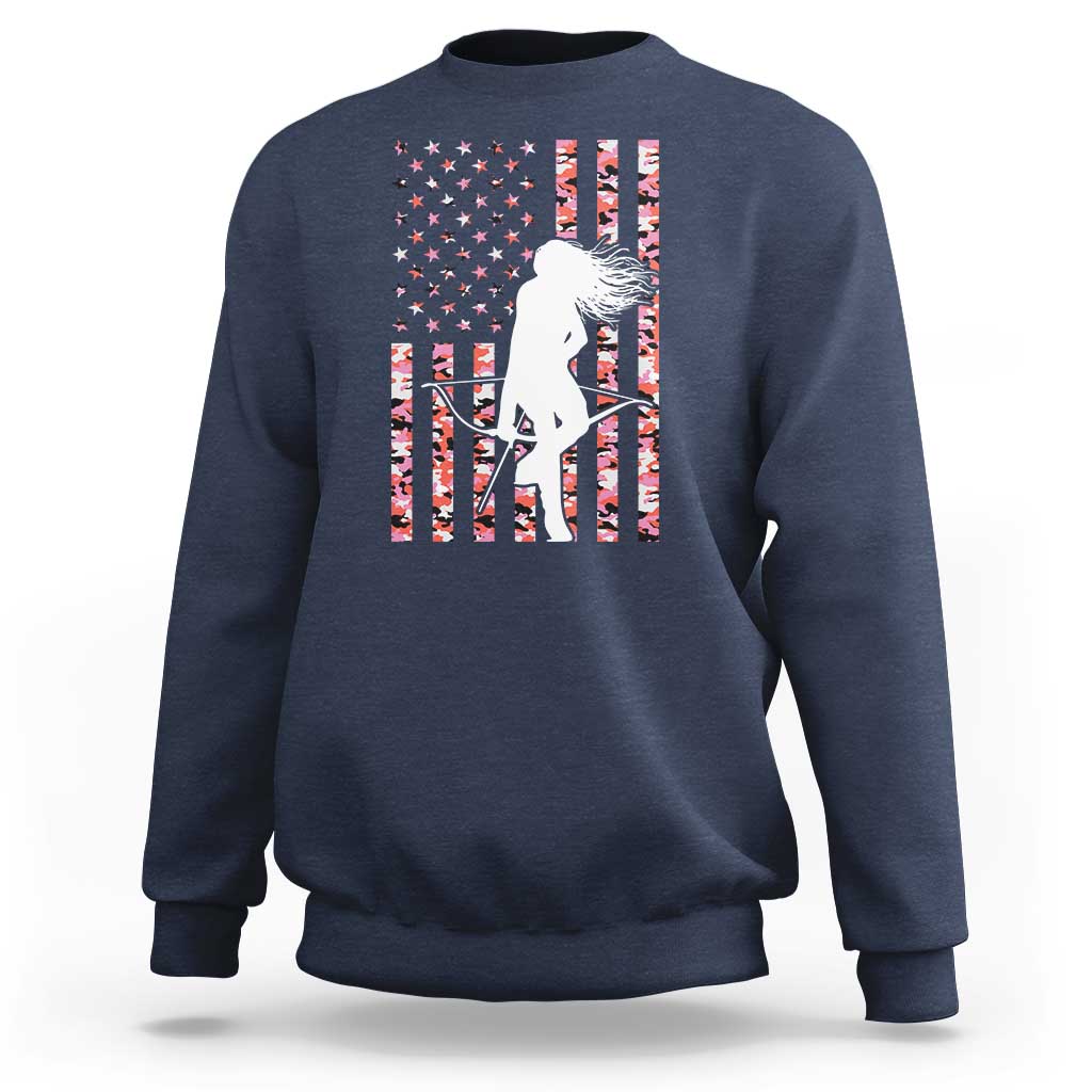Patriotic Women Bow Hunter Sweatshirt American Flag Pink Camo Gift - Wonder Print Shop