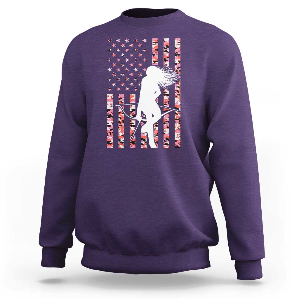 Patriotic Women Bow Hunter Sweatshirt American Flag Pink Camo Gift - Wonder Print Shop