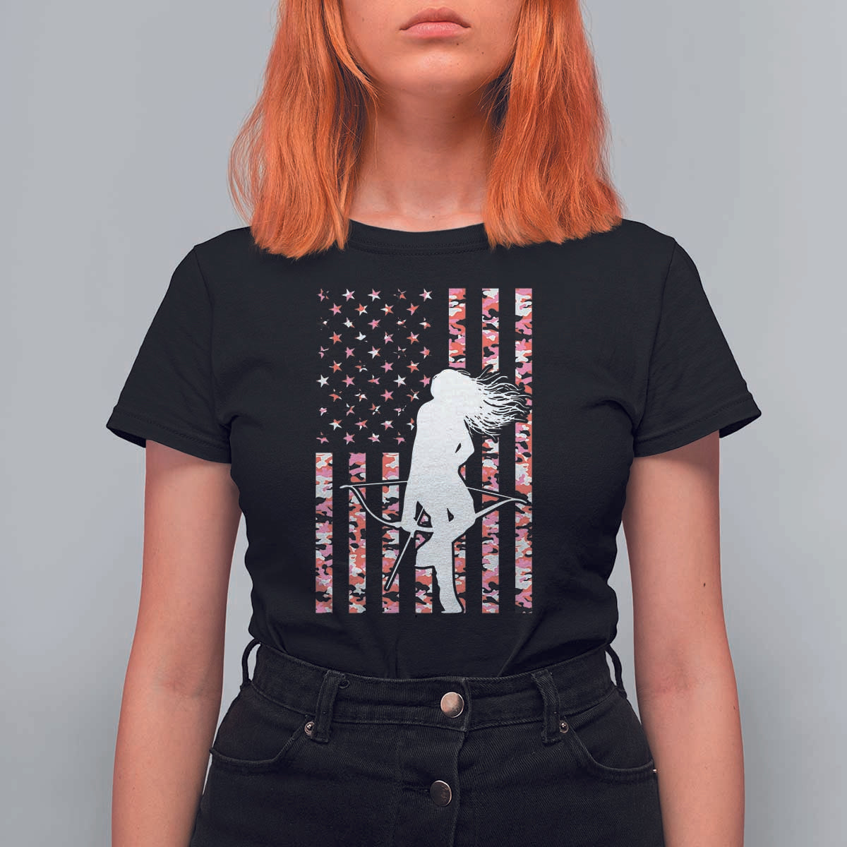 Patriotic Women Bow Hunter T Shirt For Women American Flag Pink Camo Gift - Wonder Print Shop