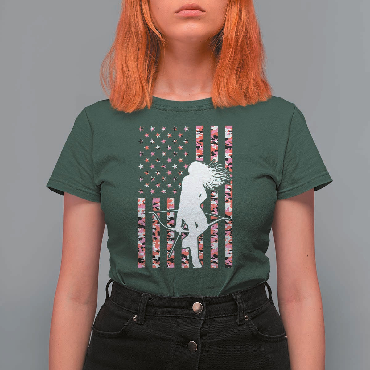 Patriotic Women Bow Hunter T Shirt For Women American Flag Pink Camo Gift - Wonder Print Shop