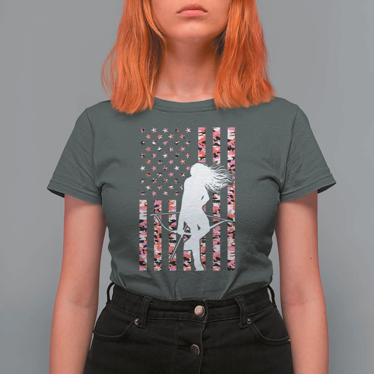 Patriotic Women Bow Hunter T Shirt For Women American Flag Pink Camo Gift - Wonder Print Shop