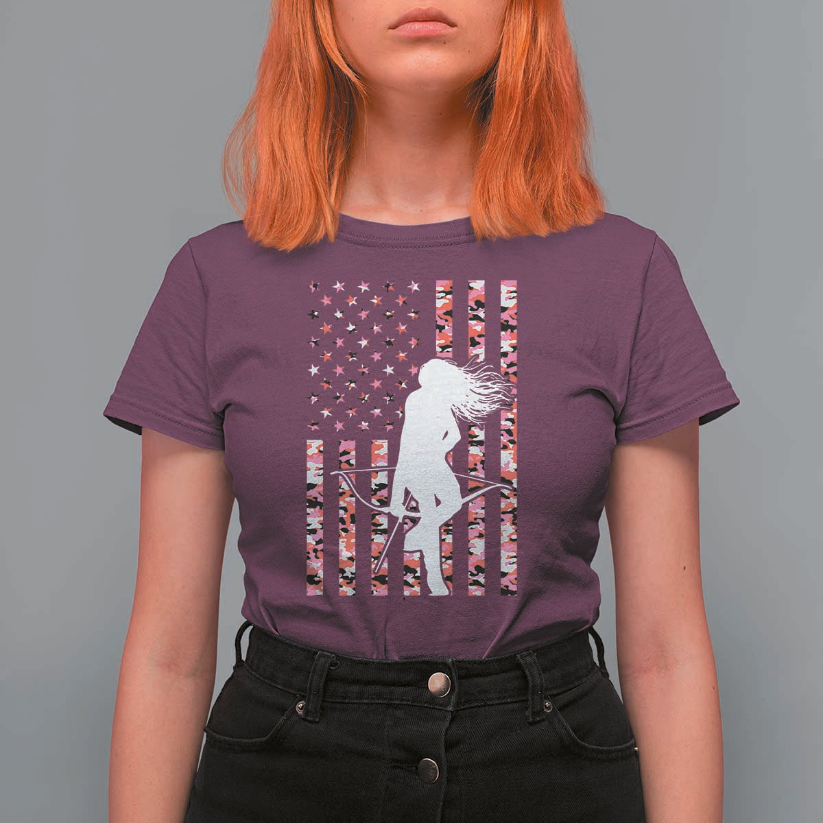 Patriotic Women Bow Hunter T Shirt For Women American Flag Pink Camo Gift - Wonder Print Shop