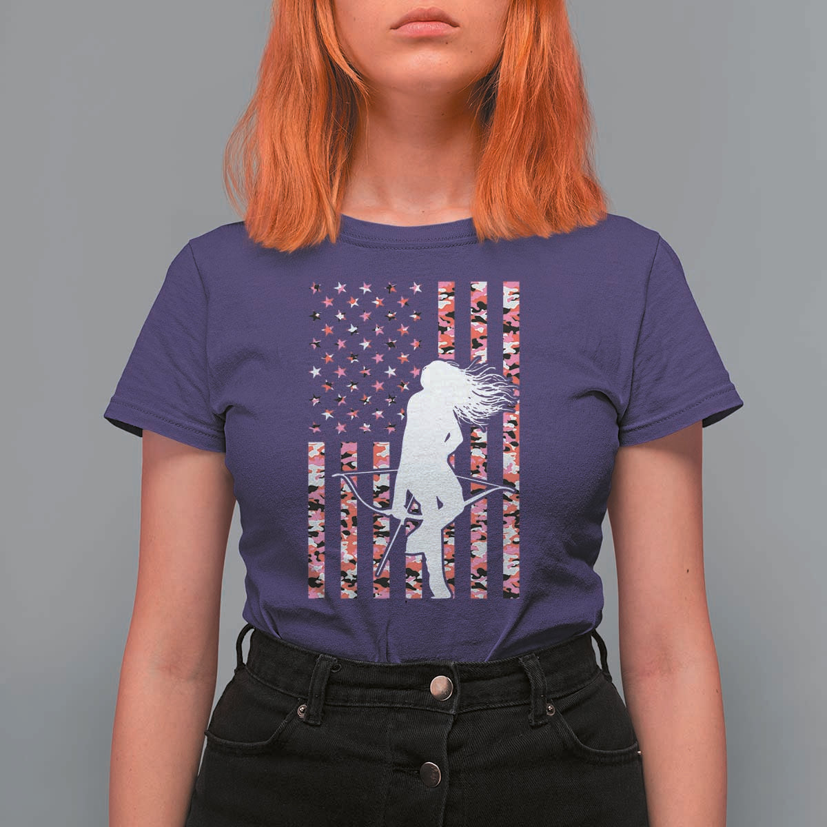 Patriotic Women Bow Hunter T Shirt For Women American Flag Pink Camo Gift - Wonder Print Shop