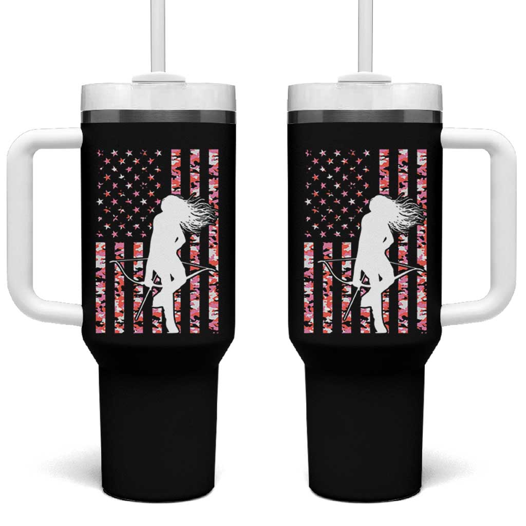 Patriotic Women Bow Hunter Tumbler With Handle American Flag Pink Camo Gift - Wonder Print Shop