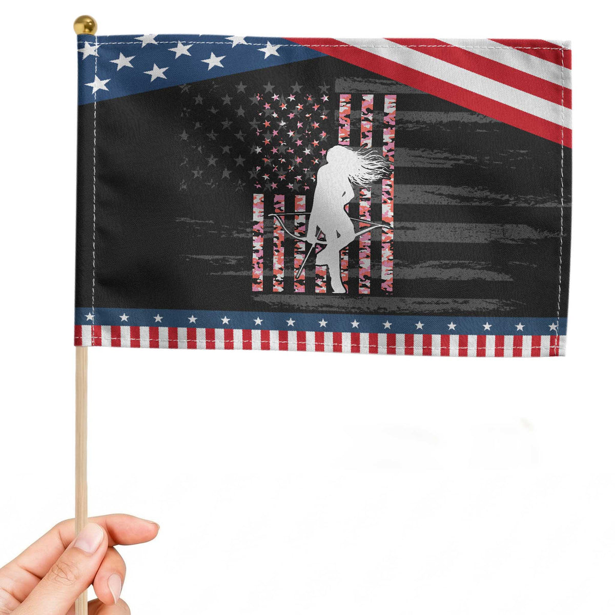 Patriotic Women Bow Hunter Patriotic Handheld Flag American Flag Pink Camo Gift