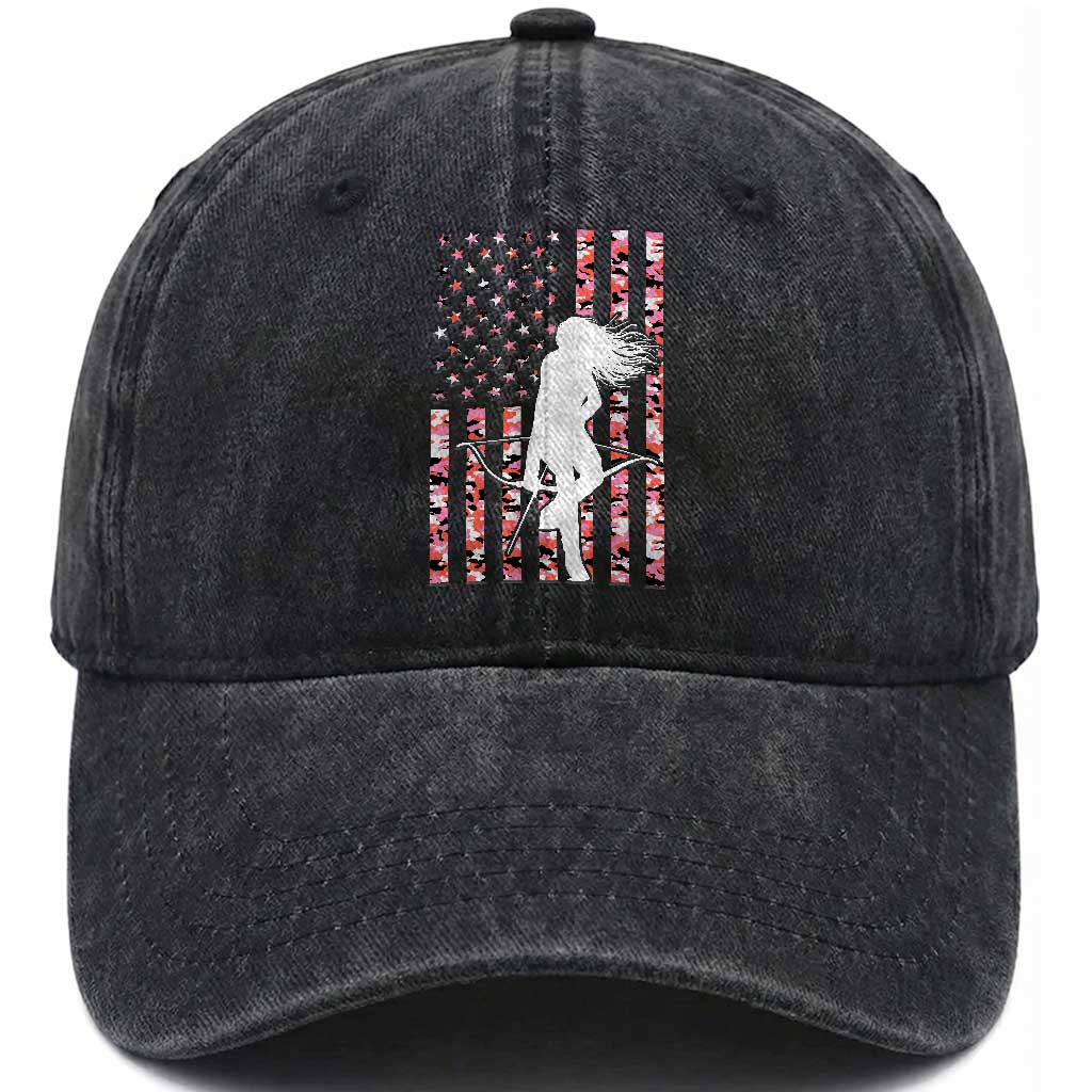Patriotic Women Bow Hunter Washed Cotton Baseball Cap American Flag Pink Camo Gift