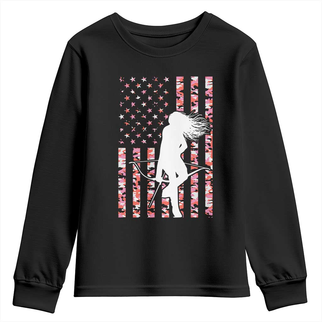 Patriotic Women Bow Hunter Youth Sweatshirt American Flag Pink Camo Gift - Wonder Print Shop