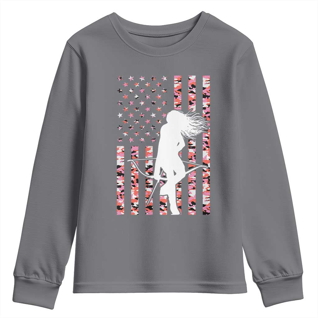 Patriotic Women Bow Hunter Youth Sweatshirt American Flag Pink Camo Gift - Wonder Print Shop