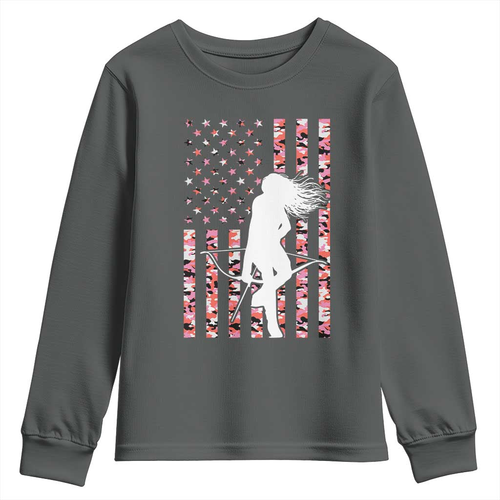 Patriotic Women Bow Hunter Youth Sweatshirt American Flag Pink Camo Gift - Wonder Print Shop