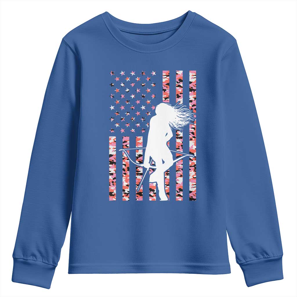 Patriotic Women Bow Hunter Youth Sweatshirt American Flag Pink Camo Gift - Wonder Print Shop