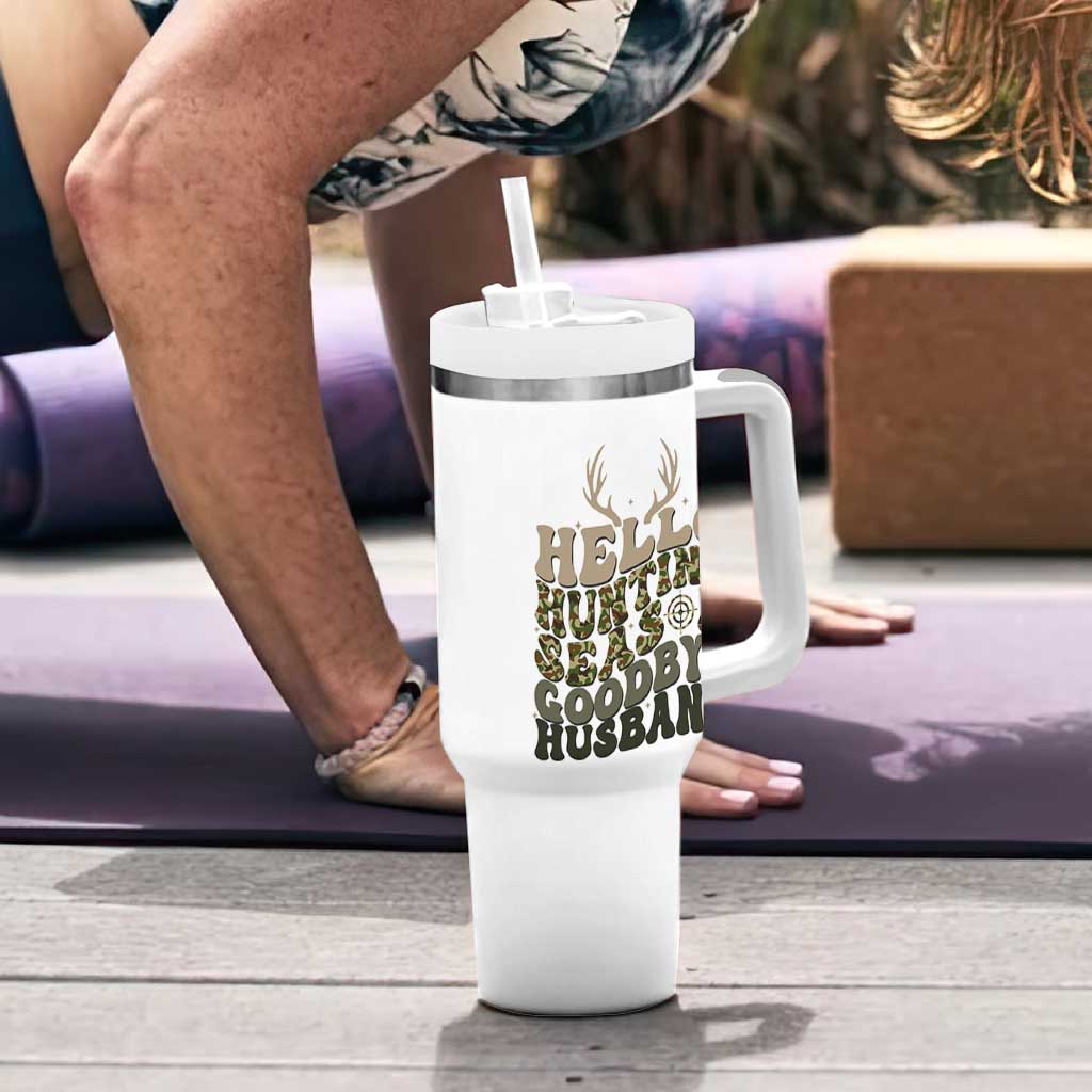 Hello Hunting Season Goodbye Husband Tumbler With Handle Funny Hunter Wife Gift - Wonder Print Shop