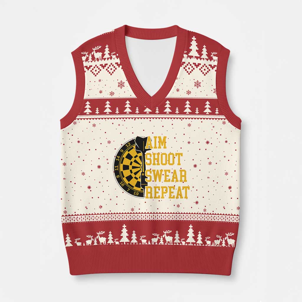 Funny Darts Retro Vintage V-Neck Knit Sweater Vest Aim Shoot Swear Repeat Dartist Gift - Wonder Print Shop