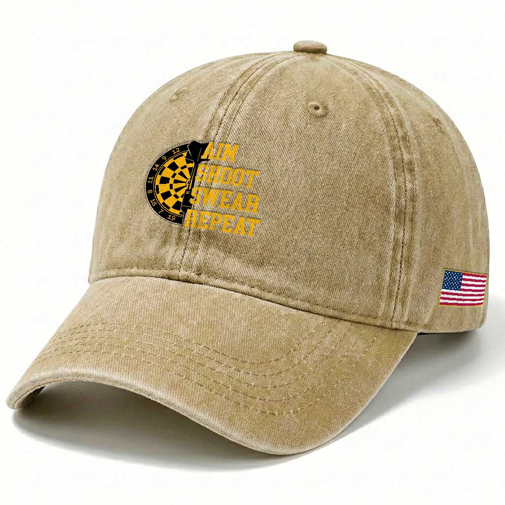 Funny Darts Retro Vintage Washed Cotton Baseball Cap Aim Shoot Swear Repeat Dartist Gift