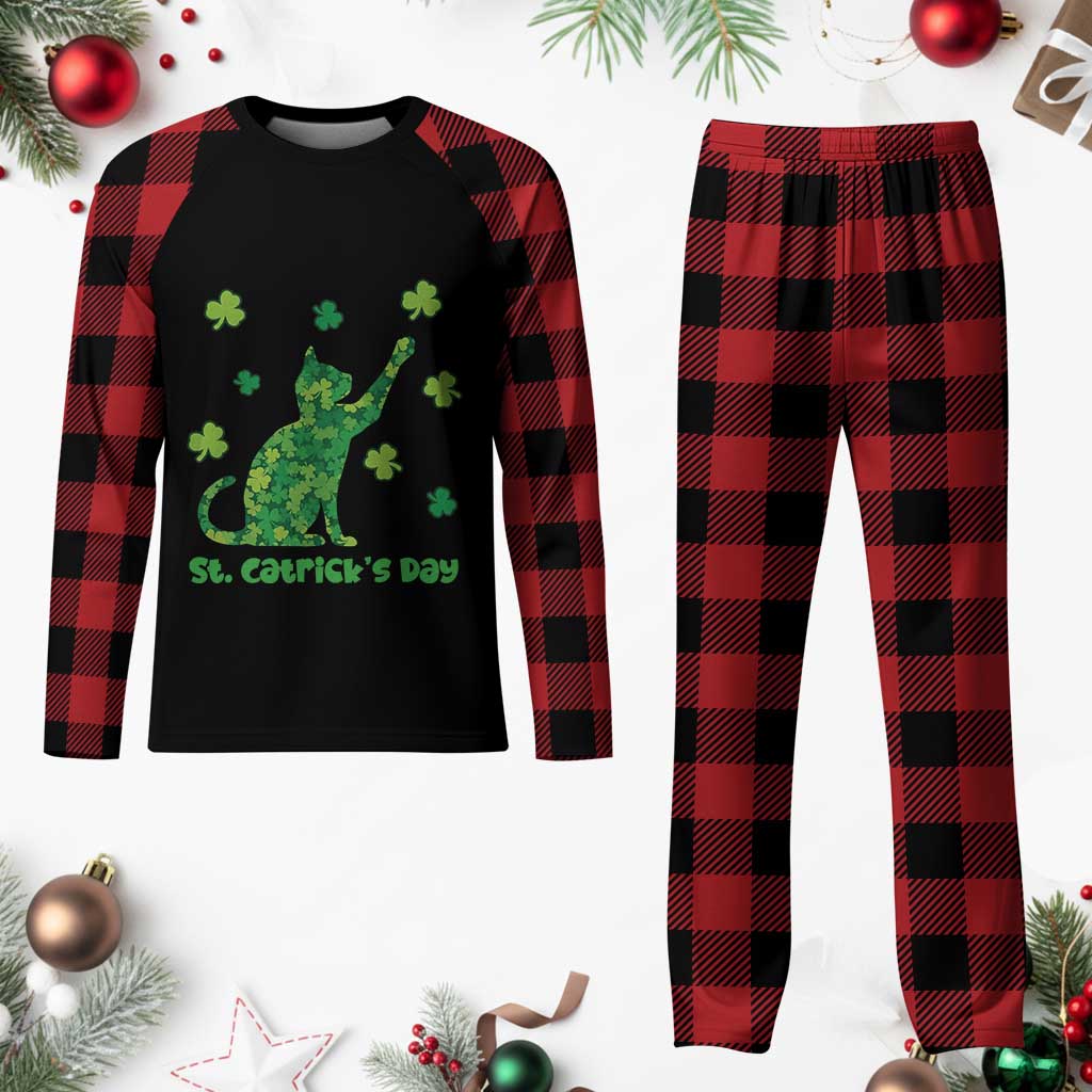 Funny St Catricks Day Plaid Pajama Set Lucky Shamrock Cat Saint Pattys