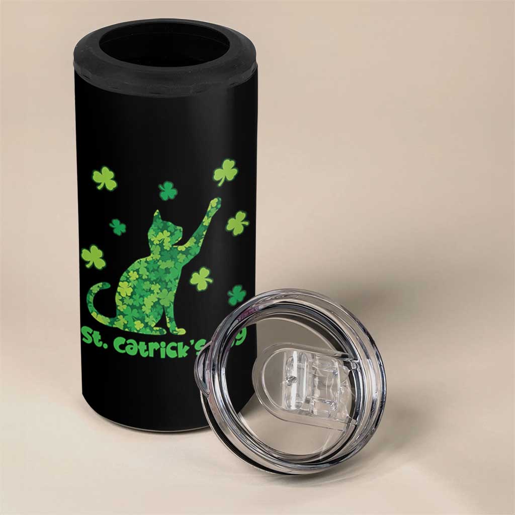 Funny St Catricks Day 4 in 1 Can Cooler Tumbler Lucky Shamrock Cat Saint Pattys