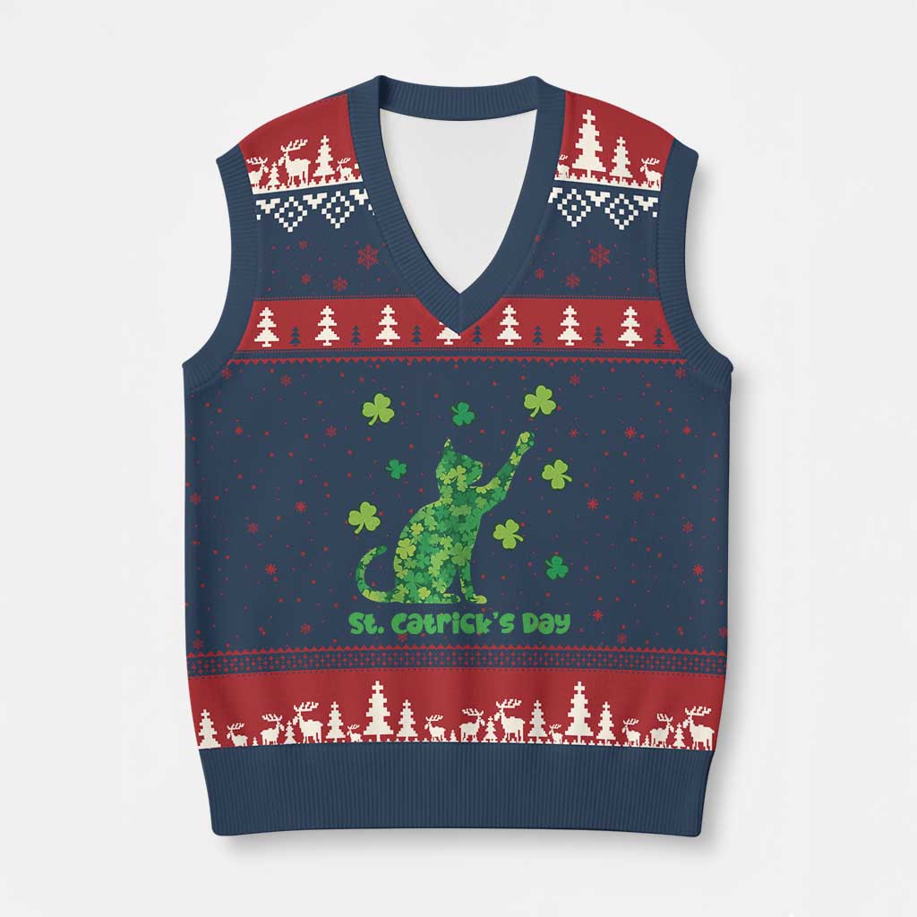 Funny St Catricks Day V-Neck Knit Sweater Vest Lucky Shamrock Cat Saint Pattys