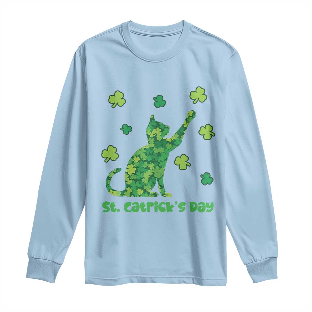 Funny St Catricks Day Long Sleeve Shirt Lucky Shamrock Cat Saint Pattys