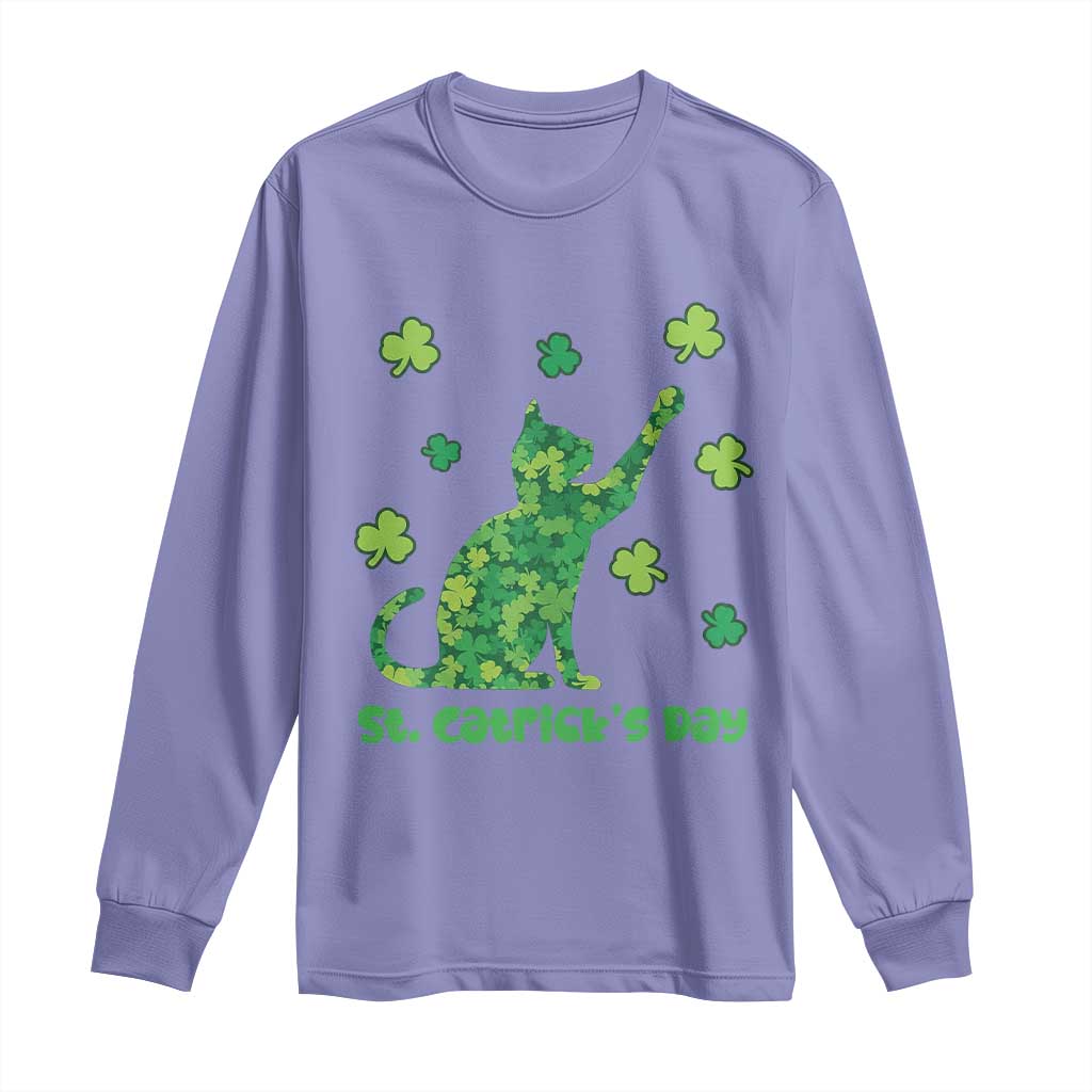 Funny St Catricks Day Long Sleeve Shirt Lucky Shamrock Cat Saint Pattys