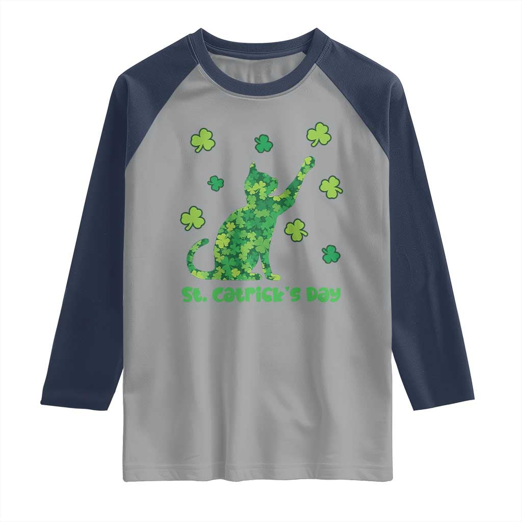 Funny St Catricks Day Raglan Shirt Lucky Shamrock Cat Saint Pattys