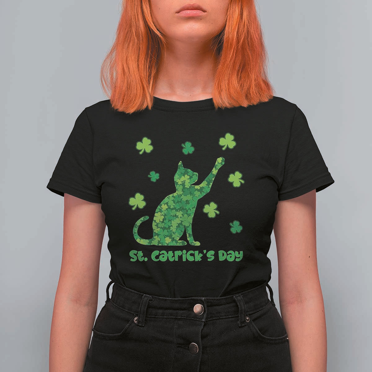 Funny St Catricks Day T Shirt For Women Lucky Shamrock Cat Saint Pattys