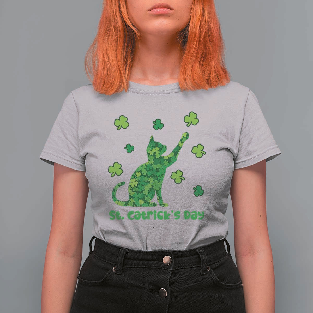 Funny St Catricks Day T Shirt For Women Lucky Shamrock Cat Saint Pattys