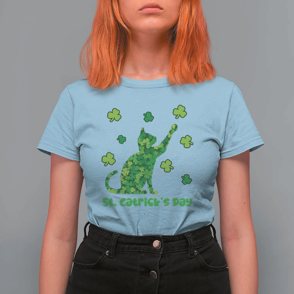 Funny St Catricks Day T Shirt For Women Lucky Shamrock Cat Saint Pattys