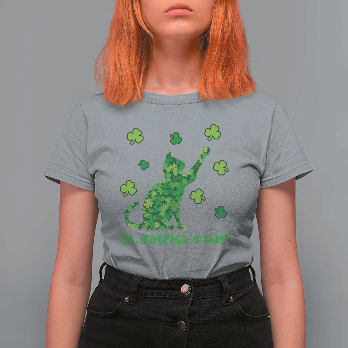 Funny St Catricks Day T Shirt For Women Lucky Shamrock Cat Saint Pattys