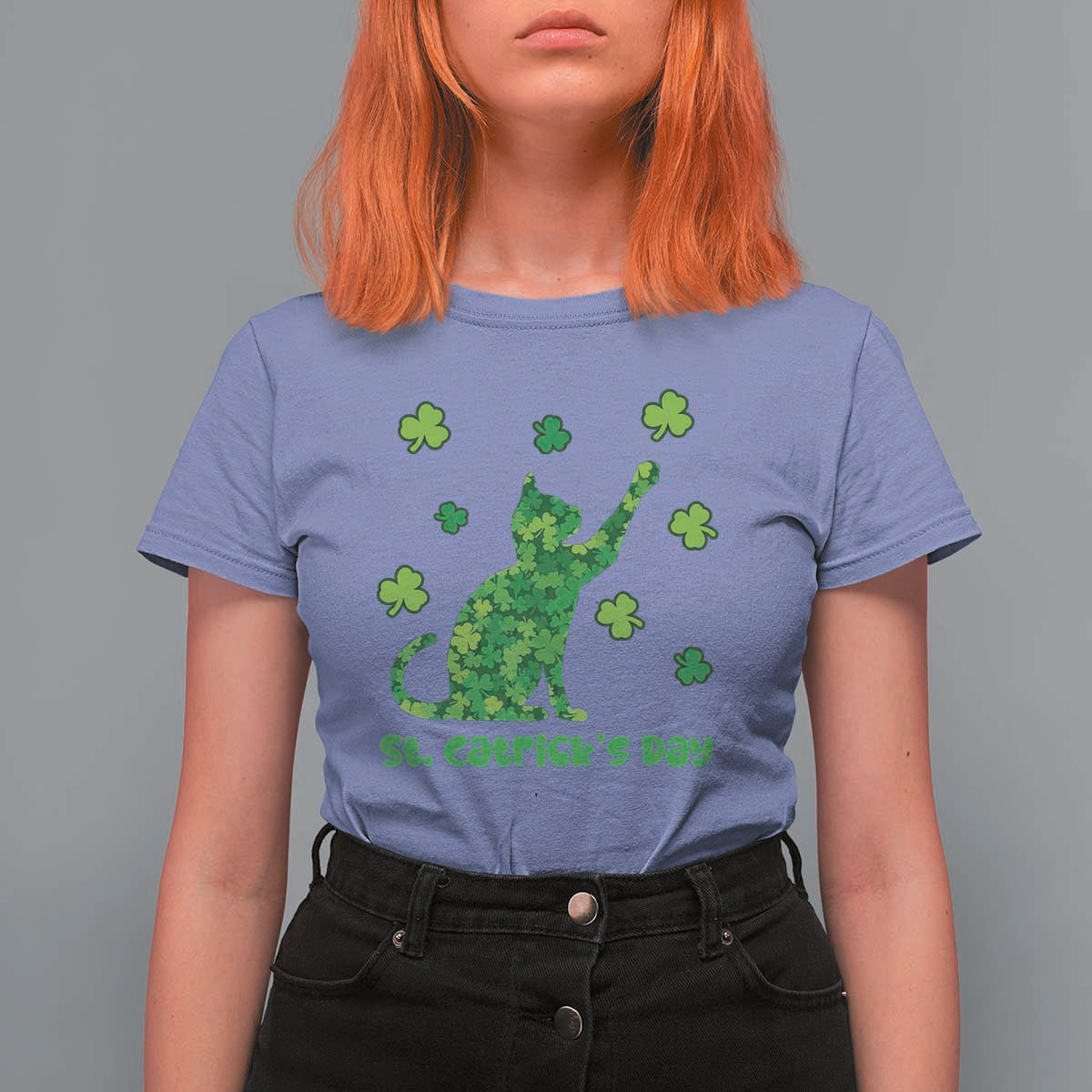 Funny St Catricks Day T Shirt For Women Lucky Shamrock Cat Saint Pattys