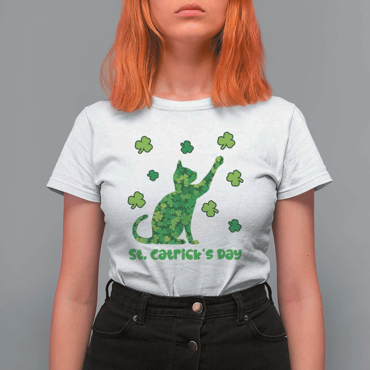 Funny St Catricks Day T Shirt For Women Lucky Shamrock Cat Saint Pattys