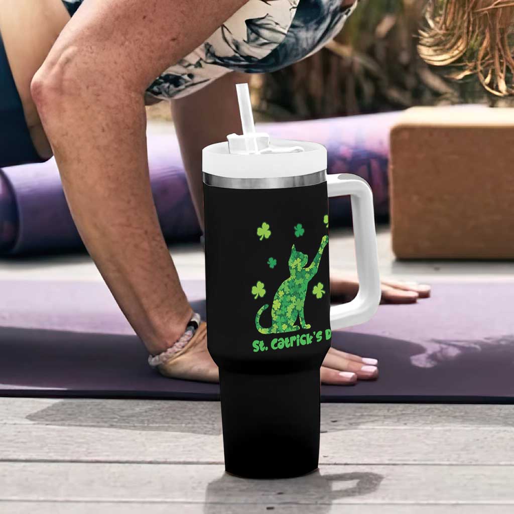 Funny St Catricks Day Tumbler With Handle Lucky Shamrock Cat Saint Pattys