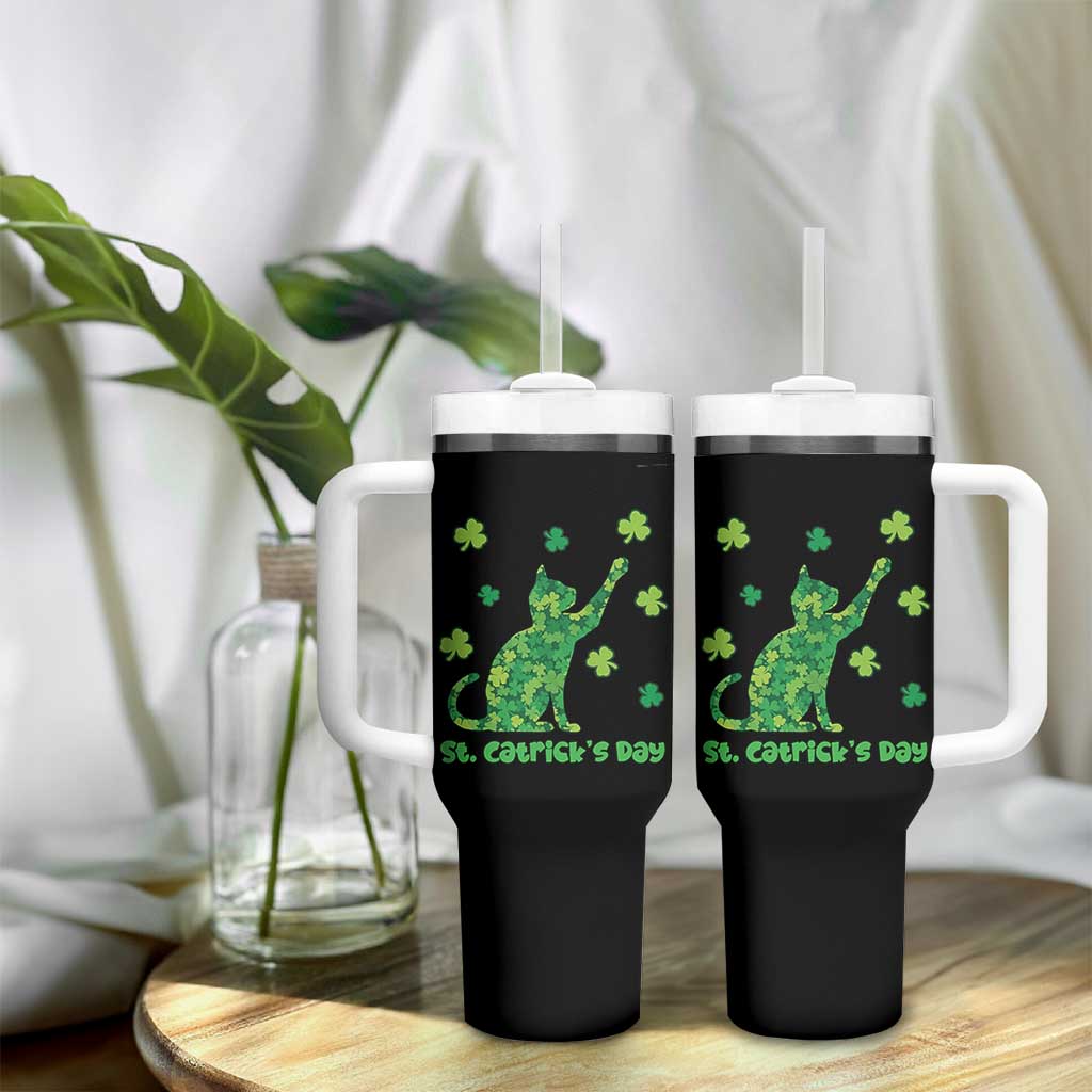Funny St Catricks Day Tumbler With Handle Lucky Shamrock Cat Saint Pattys